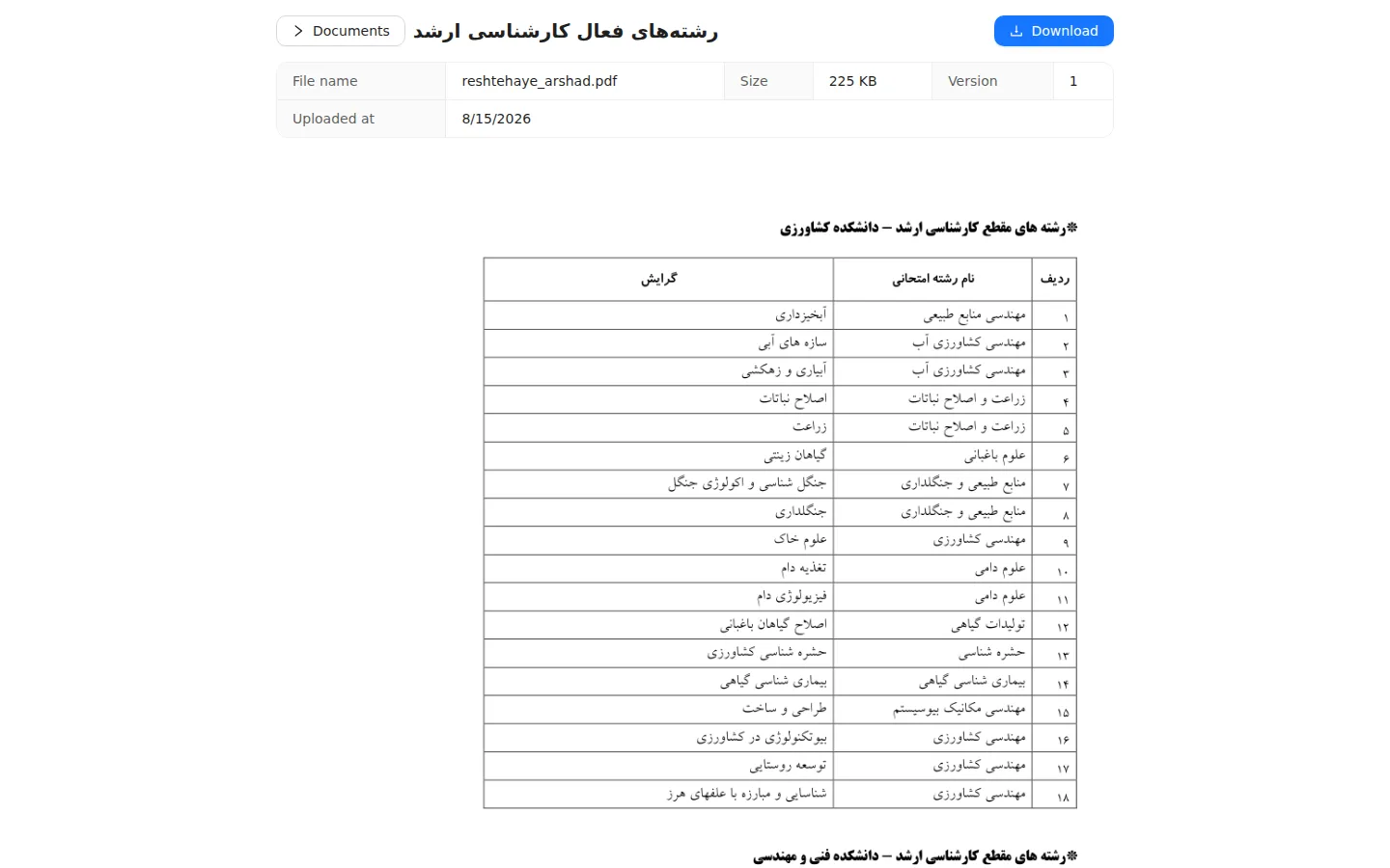 Document page: metadata, page-by-page preview, download