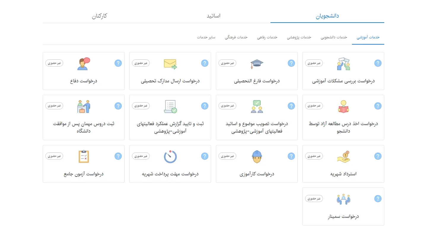 درخواست‌های خدمات آنلاین بر اساس دسته